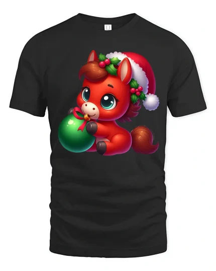 Cute Christmas Pony Ornament Holiday Cartoon Art Tee - black t-shirt on white background