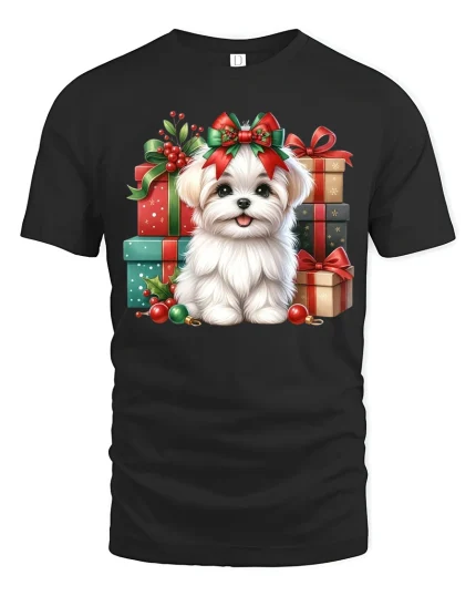 Cute Christmas Puppy Gifts Holiday Bow Cartoon Art Tee - black t-shirt on white background