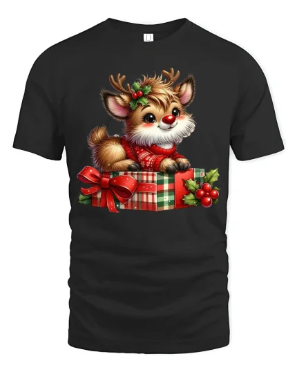 Cute Reindeer Puppy Christmas Gift Box Holiday Art Tee - black t-shirt on white background