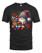 Cozy Christmas Gnome With Ornaments Basket Festive Holiday Tee - black t-shirt on white background