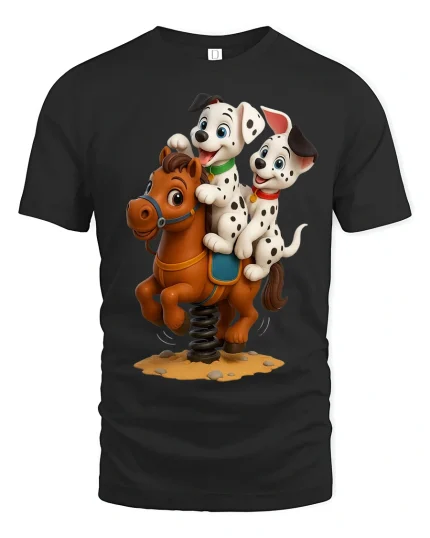 Cute Dalmatian Puppies Riding Toy Horse Fun Cartoon T-Shirt - black t-shirt on white background