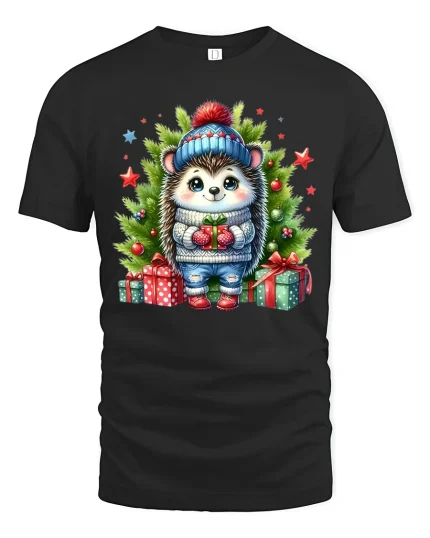 Cute Christmas Hedgehog in Winter Outfit with Gifts Holiday Tee - black t-shirt on white background