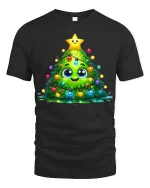Cute Kawaii Christmas Tree Lights Smiling Holiday Art Tee - black t-shirt on white background