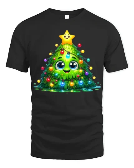 Cute Kawaii Christmas Tree Lights Smiling Holiday Art Tee - black t-shirt on white background