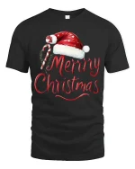 Merry Christmas Santa Hat Candy Cane Festive Holiday Tee - black t-shirt on white background