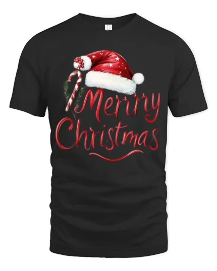 Merry Christmas Santa Hat Candy Cane Festive Holiday Tee - black t-shirt on white background