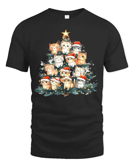 Cute Christmas Cat Tree Santa Hat Holiday Lights Graphic Tee - black t-shirt on white background