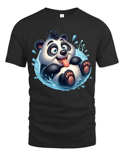 Cute Splashing Panda Funny Playful Cartoon Graphic T-Shirt - black t-shirt on white background