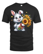 Cute Bunny With Sunflower Bouquet Sweet Cartoon Graphic T-Shirt - black t-shirt on white background