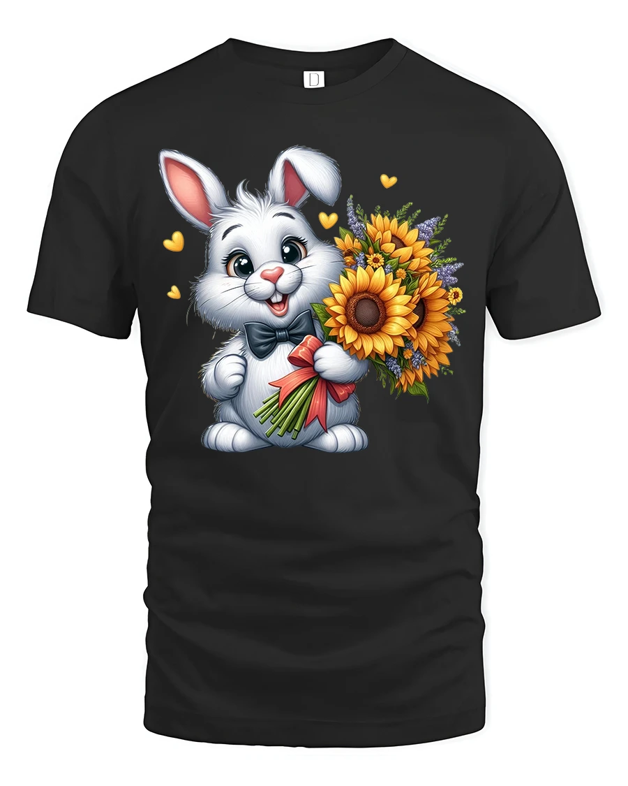 Cute Bunny With Sunflower Bouquet Sweet Cartoon Graphic T-Shirt - 1 Cute Bunny With Sunflower Bouquet Sweet Cartoon Graphic T-Shirt - black t-shirt on white background