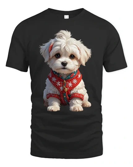Cute Winter Puppy Cozy Sweater Dog Cartoon Graphic T-Shirt - black t-shirt on white background