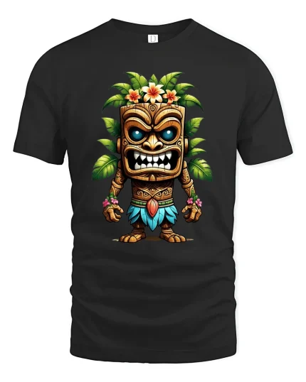 Tiki Warrior Tropical Mask Island Spirit Graphic T-Shirt - black t-shirt on white background