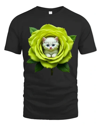 Cute Kitten in Green Rose Floral Art Adorable Graphic T-Shirt - black t-shirt on white background