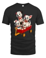 Cute Dalmatian Puppies Red Wagon Fun Adventure Graphic Tee - black t-shirt on white background