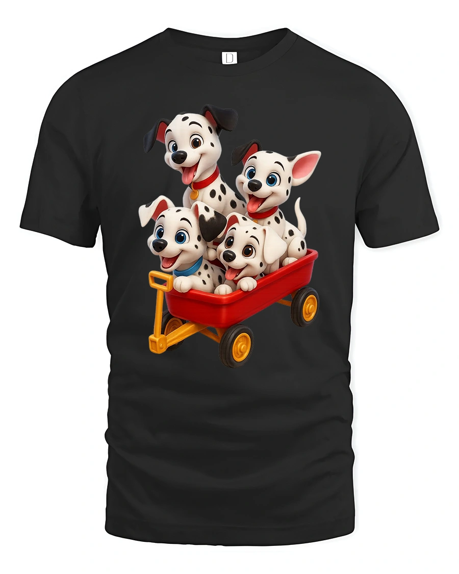 Cute Dalmatian Puppies Red Wagon Fun Adventure Graphic Tee - 1 Cute Dalmatian Puppies Red Wagon Fun Adventure Graphic Tee - black t-shirt on white background