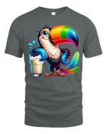 Colorful Toucan Drink Funny Tropical Bird Cartoon T-Shirt - gray t-shirt on white background