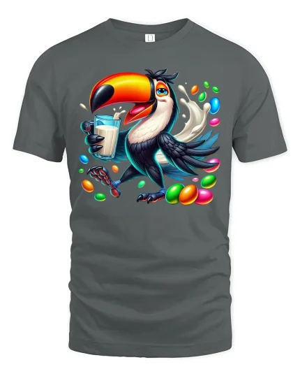 Colorful Toucan Candy Splash Fun Art Graphic Tee - gray t-shirt on white background