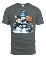 Snowman Family Merry Christmas Winter Scene Holiday Tee - gray t-shirt on white background