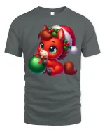 Cute Christmas Pony Ornament Holiday Cartoon Art Tee - gray t-shirt on white background