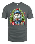 Cute Christmas Hedgehog in Winter Outfit with Gifts Holiday Tee - gray t-shirt on white background