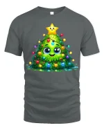 Cute Kawaii Christmas Tree Lights Smiling Holiday Art Tee - gray t-shirt on white background