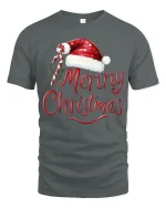 Merry Christmas Santa Hat Candy Cane Festive Holiday Tee - gray t-shirt on white background