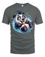 Cute Splashing Panda Funny Playful Cartoon Graphic T-Shirt - gray t-shirt on white background