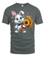 Cute Bunny With Sunflower Bouquet Sweet Cartoon Graphic T-Shirt - gray t-shirt on white background
