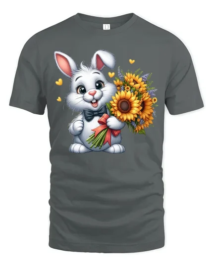 Cute Bunny With Sunflower Bouquet Sweet Cartoon Graphic T-Shirt - gray t-shirt on white background