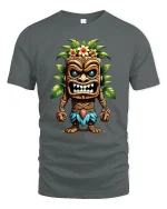 Tiki Warrior Tropical Mask Island Spirit Graphic T-Shirt - gray t-shirt on white background
