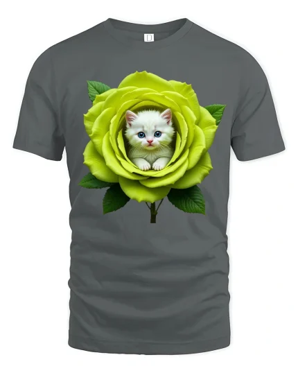 Cute Kitten in Green Rose Floral Art Adorable Graphic T-Shirt - gray t-shirt on white background