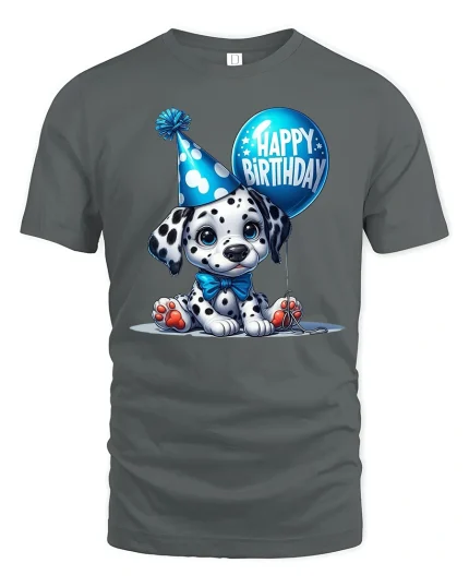 Cute Dalmatian Happy Birthday Party Balloon Graphic T-Shirt - gray t-shirt on white background