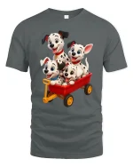 Cute Dalmatian Puppies Red Wagon Fun Adventure Graphic Tee - gray t-shirt on white background