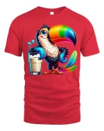 Colorful Toucan Drink Funny Tropical Bird Cartoon T-Shirt - red t-shirt on white background