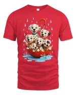 Cute Dalmatian Puppies Rainy Day Umbrella Graphic Tee - red t-shirt on white background