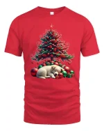 Christmas Tree Puppy Sleep Scene Cute Holiday Graphic Tee - red t-shirt on white background