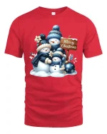Snowman Family Merry Christmas Winter Scene Holiday Tee - red t-shirt on white background