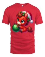 Cute Christmas Pony Ornament Holiday Cartoon Art Tee - red t-shirt on white background