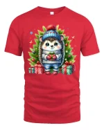Cute Christmas Hedgehog in Winter Outfit with Gifts Holiday Tee - red t-shirt on white background