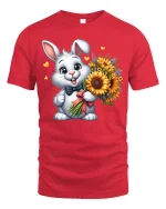 Cute Bunny With Sunflower Bouquet Sweet Cartoon Graphic T-Shirt - red t-shirt on white background