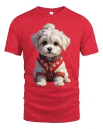 Cute Winter Puppy Cozy Sweater Dog Cartoon Graphic T-Shirt - red t-shirt on white background