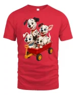 Cute Dalmatian Puppies Red Wagon Fun Adventure Graphic Tee - red t-shirt on white background