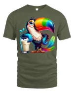 Colorful Toucan Drink Funny Tropical Bird Cartoon T-Shirt - military green t-shirt on white background