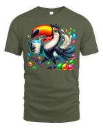 Colorful Toucan Candy Splash Fun Art Graphic Tee - military green t-shirt on white background