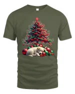 Christmas Tree Puppy Sleep Scene Cute Holiday Graphic Tee - military green t-shirt on white background