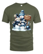 Snowman Family Merry Christmas Winter Scene Holiday Tee - military green t-shirt on white background