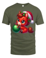 Cute Christmas Pony Ornament Holiday Cartoon Art Tee - military green t-shirt on white background