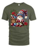 Cozy Christmas Gnome With Ornaments Basket Festive Holiday Tee - military green t-shirt on white background