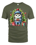 Cute Christmas Hedgehog in Winter Outfit with Gifts Holiday Tee - military green t-shirt on white background