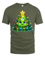 Cute Kawaii Christmas Tree Lights Smiling Holiday Art Tee - military green t-shirt on white background